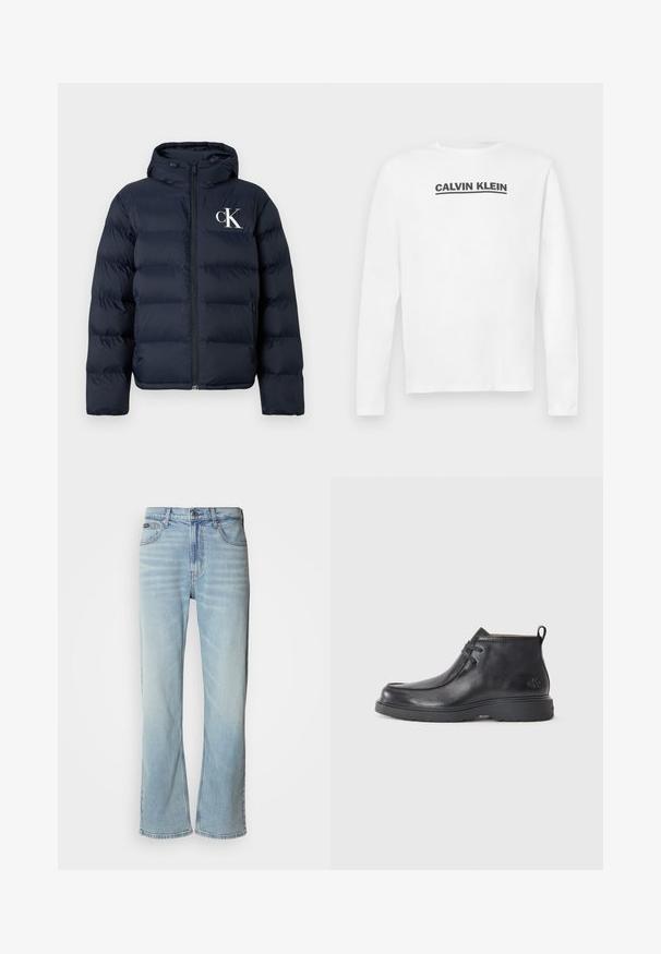 Marineblauwe pufferjack met capuchon, ritssluiting aan de voorkant, zijzakken en wit "cK" logo op de linkerkant van de borst.; Witte lange mouwen shirt van katoen, met een zwart "CALVIN KLEIN" logo over de borst en een crewneck. Soepele textuur.; Lichtblauwe denim jeans met een rechte pijp, voorzien van vijf zakken, een knoopsluiting en subtiele vervaging op de stof.; Zwarte leren enkellaarsjes met een ronde neus, vetersluiting en een lipje aan de achterkant. Geribbelde bovenkant en rubberen zool.