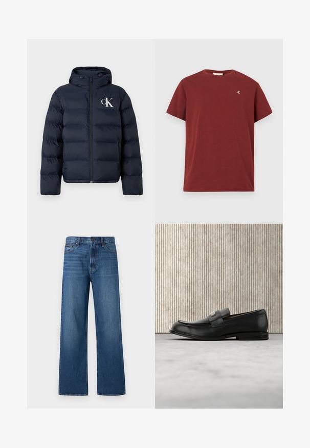 Chaqueta acolchada azul marino con capucha, cierre frontal, bolsillos laterales y logo blanco "cK" en el lado izquierdo del pecho.; Camiseta de algodón burdeos con mangas cortas, cuello redondo y pequeño logotipo bordado en el lado izquierdo del pecho. Textura suave.; Vaqueros azules de tiro alto y pierna recta con botón y cremallera delanteros, cinco bolsillos y un pequeño parche de marca en el bolsillo derecho.; Mocasín de cuero negro con una placa metálica de marca apoyado cerca de una mesa redonda marrón sobre un suelo alfombrado beige.