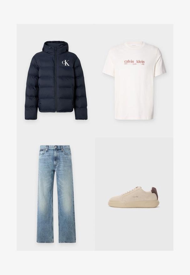 Marineblauwe pufferjack met capuchon, ritssluiting aan de voorkant, zijzakken en wit "cK" logo op de linkerkant van de borst.; Witte katoenen T-shirt met rode tekst waarop staat "calvin klein new york city." Korte mouwen en een ronde hals.; Lichtblauwe denim jeans met rechte pijpen, een hoge taille, vijf zakken, knoopsluiting en subtiele vervaging op de dijen en knieën.; Beige suède sneakers met een ronde neus, vetersluiting aan de voorkant en een bruine suède accent op de hiel. Beschikt over een gestructureerde rubberen zool.
