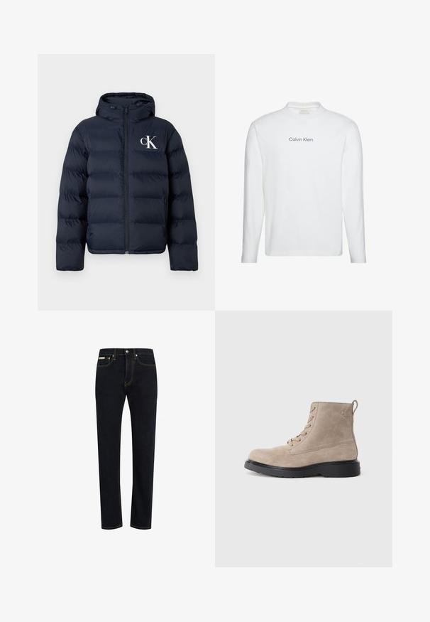 Chaqueta acolchada azul marino con capucha, cierre frontal, bolsillos laterales y logo blanco "cK" en el lado izquierdo del pecho.; Camiseta blanca de manga larga con cuello redondo con "Calvin Klein" impreso en negro centrado en el pecho.; Jeans de mezclilla azul oscuro con un corte recto, costuras visibles en un color naranja contrastante y un diseño clásico de cinco bolsillos.; Botines de ante beige con suela de goma negra, diseño con cordones y un pequeño logotipo grabado en el lateral, que cuenta con una lengüeta en la parte posterior.