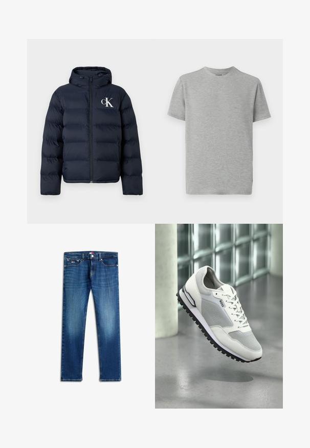 Marineblauwe pufferjack met capuchon, ritssluiting aan de voorkant, zijzakken en wit "cK" logo op de linkerkant van de borst.; Grijze, kortekoope t-shirt van zacht materiaal. Crew neck ontwerp met een gladde textuur en zonder zichtbare patronen of accenten.; Donkerblauwe spijkerbroek met een rechte snit, vervaagde details, vijf zakken en subtiele stiksels. Voorzien van een knoop- en ritssluiting.; Witte sportschoen met bovenwerk van mesh en leer, grijze accenten, veters, rubberen loopzool met groeven en een logo aan de zijkant.