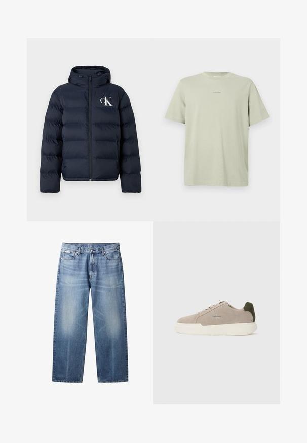 Doudoune bleu marine avec capuche, fermeture éclair à l'avant, poches latérales et logo "cK" blanc sur le côté gauche de la poitrine.; T-shirt en coton vert clair avec un col rond, des manches courtes et un petit logo Calvin Klein imprimé en une teinte plus foncée sur la poitrine.; Jean bleu clair à coupe droite avec zones délavées, cinq poches, fermeture par bouton et étiquette Calvin Klein sur la poche avant droite.; Baskets en suède beige avec une semelle en caoutchouc blanche, présentant un accent de talon vert foncé et une branding subtile sur le côté.
