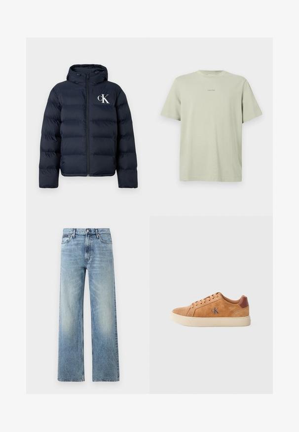 Chaqueta acolchada azul marino con capucha, cierre frontal, bolsillos laterales y logo blanco "cK" en el lado izquierdo del pecho.; Camiseta de algodón verde clara con cuello redondo, mangas cortas y un pequeño logo de Calvin Klein en una tonalidad más oscura impreso en el pecho.; Vaqueros de mezclilla azul claro de corte recto con cintura alta, cinco bolsillos, cierre de botón y sutil desgaste en los muslos y las rodillas.; Zapatilla de ante color canela con suela de goma beige, con acentos marrones y un pequeño logo azul en el costado. Diseño clásico con cordones.