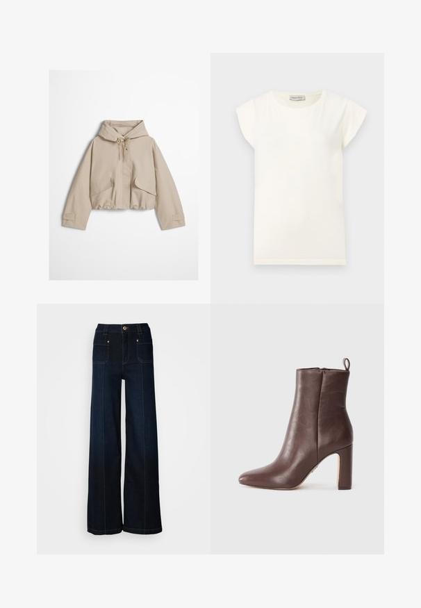 Veste à capuche beige clair avec fermeture éclair frontale, capuche à cordon de serrage, poches à rabat et poignets en velcro, présentée sur un fond uni.; T-shirt blanc à manches courtes avec un col rond et une coupe décontractée. Confectionné en tissu doux, avec une texture lisse et un design minimaliste.; Jean en denim à jambes larges de couleur bleu foncé. Dispose de poches avant, de quincaillerie dorée et de coutures contrastées. Texture lisse avec un design décontracté.; Botte de cheville en cuir marron avec un bout pointu et un talon en bloc. Présente une texture lisse et une fermeture éclair à l'arrière.