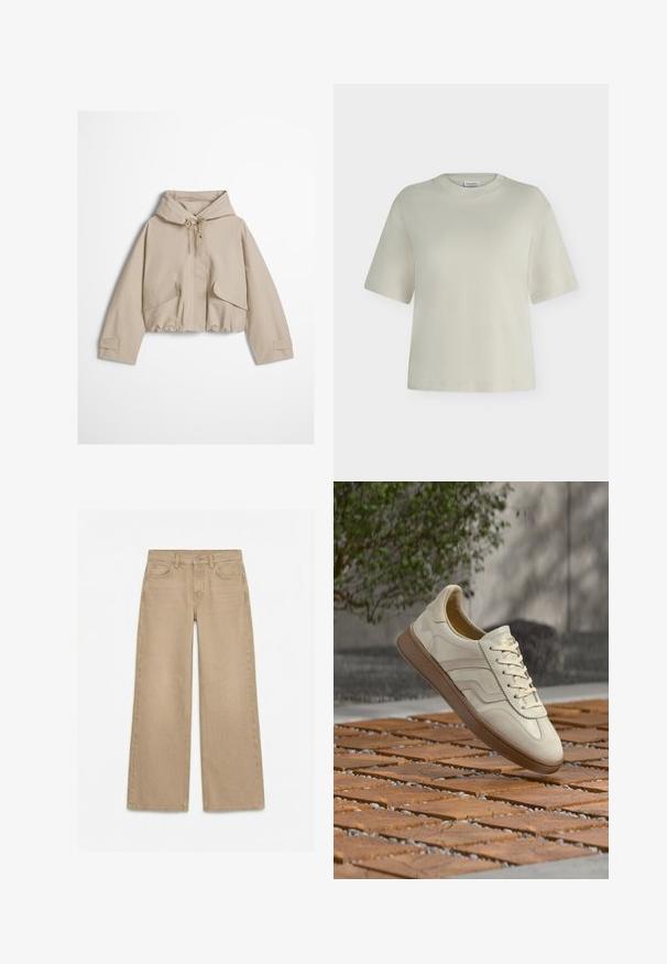 Veste à capuche beige clair avec fermeture éclair frontale, capuche à cordon de serrage, poches à rabat et poignets en velcro, présentée sur un fond uni.; T-shirt gris clair à manches courtes et col rond avec une coupe ample, présenté sur un fond blanc uni.; Jean en denim beige à coupe droite avec bouton à l'avant, fermeture éclair, poches avant et arrière, et passants de ceinture sur fond blanc.; Baskets couleur crème avec une semelle extérieure en caoutchouc beige texturée, un design à lacets et un marquage subtil sur le côté. Tige en cuir lisse.