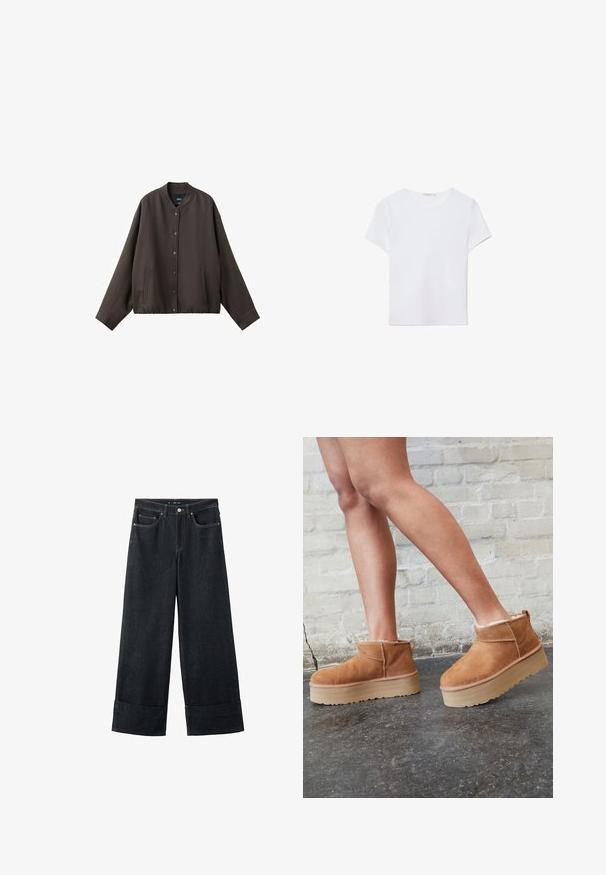 Veste boutonnée marron foncé à manches longues, col rond, avec deux poches avant, présentée sur fond blanc.; T-shirt blanc à manches courtes en tissu doux. Dispose d'un col rond et d'un design simple et épuré avec un ourlet droit.; Jean en denim foncé à jambes larges avec ourlet retourné, poches avant et coutures contrastantes. Fabriqué en tissu denim robuste pour plus de durabilité.; Bottines en suède marron avec une doublure en peluche, semelle épaisse en beige et une poignée à l'arrière. Surface texturée avec des détails de couture visibles.