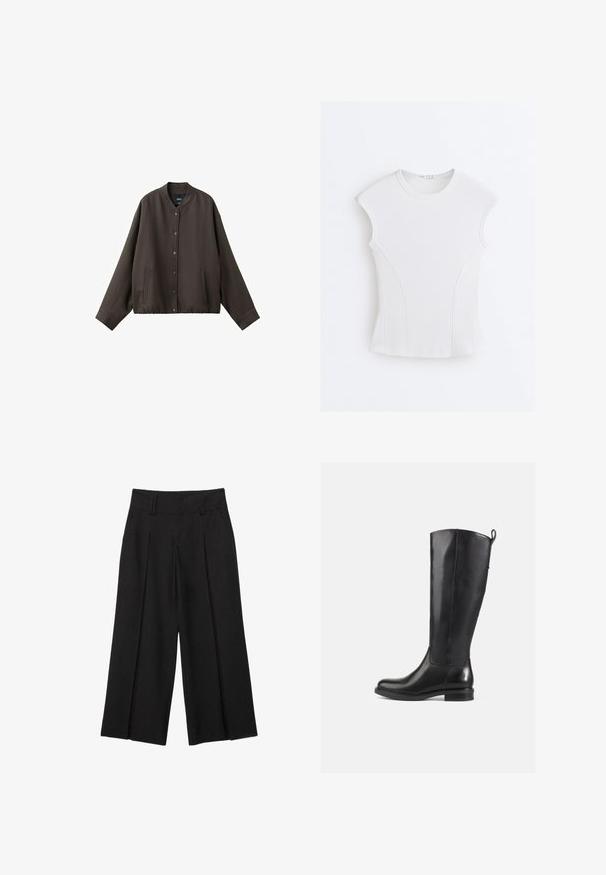 Veste boutonnée marron foncé à manches longues, col rond, avec deux poches avant, présentée sur fond blanc.; Haut sans manches blanc côtelé avec encolure ronde et détails de coutures courbes sur un fond blanc uni.; Pantalon noir large et raccourci avec passants de ceinture et plis à l'avant, confectionné dans un tissu lisse pour un look élégant et ajusté.; Bottes en cuir noir jusqu'au genou avec une finition lisse, bout rond, talon bas et une languette à l'arrière. Design minimaliste sans motifs visibles.
