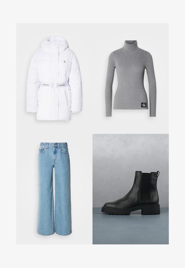 Chaqueta acolchada blanca con capucha, cintura ceñida y logo de Calvin Klein. Presenta textura acolchada y dos bolsillos laterales.; Jersey de cuello alto gris acanalado con mangas largas, diseño ajustado y una etiqueta negra con iniciales de la marca en blanco en la parte inferior.; Jeans de mezclilla de corte ancho en un tono azul claro, con cintura alta, diseño de cinco bolsillos y un ligero desgastado en la tela.; Bota Chelsea de cuero negro con paneles laterales elásticos, acabado texturizado y suela rugosa, posicionada sobre baldosas de madera marrón con guijarros.