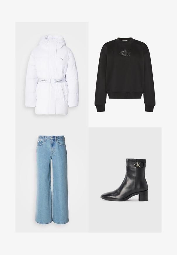 Chaqueta acolchada blanca con capucha, cintura ceñida y logo de Calvin Klein. Presenta textura acolchada y dos bolsillos laterales.; Sudadera negra de manga larga con cuello redondo y el logo blanco "CK" de Calvin Klein centrado en el pecho, con puños y dobladillo acanalados.; Jeans de mezclilla de corte ancho en un tono azul claro, con cintura alta, diseño de cinco bolsillos y un ligero desgastado en la tela.; Bota de tobillo de cuero negra con punta afilada, tacón cuadrado y una correa con un detalle de logo metálico. Textura suave y diseño minimalista.
