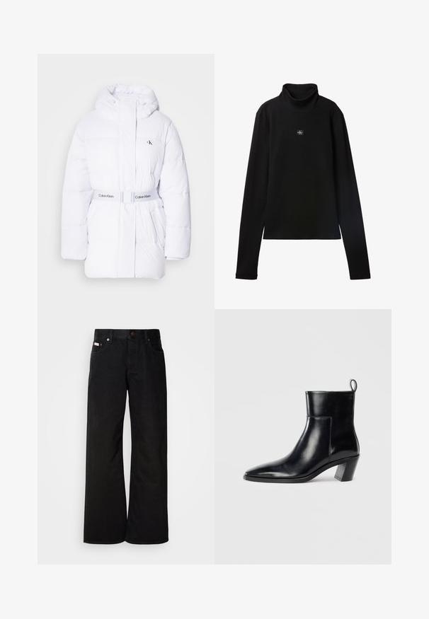Chaqueta acolchada blanca con capucha, cintura ceñida y logo de Calvin Klein. Presenta textura acolchada y dos bolsillos laterales.; Top negro de cuello alto acanalado de manga larga con un pequeño parche cuadrado con el logo de Calvin Klein centrado en el pecho.; Jeans de pierna ancha negros, hechos de algodón. Presentan bolsillos frontales, cierre de botón y una textura de denim clásica. Diseño minimalista sin patrones.; Botín de piel negra hasta el tobillo con punta afilada, tacón apilado geométrico y una lengüeta en la parte posterior. Textura suave y diseño elegante.