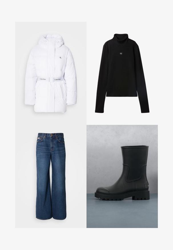 Chaqueta acolchada blanca con capucha, cintura ceñida y logo de Calvin Klein. Presenta textura acolchada y dos bolsillos laterales.; Top negro de cuello alto acanalado de manga larga con un pequeño parche cuadrado con el logo de Calvin Klein centrado en el pecho.; Vaqueros de pierna ancha hechos de denim azul oscuro. Incluyen una cintura alta, cinco bolsillos y costuras en contraste de color naranja a lo largo de las costuras.; Bota de tobillo de cuero negro mate con suela gruesa y dentada, suspendida sobre baldosas de madera cuadradas y pequeñas piedras grises al aire libre.