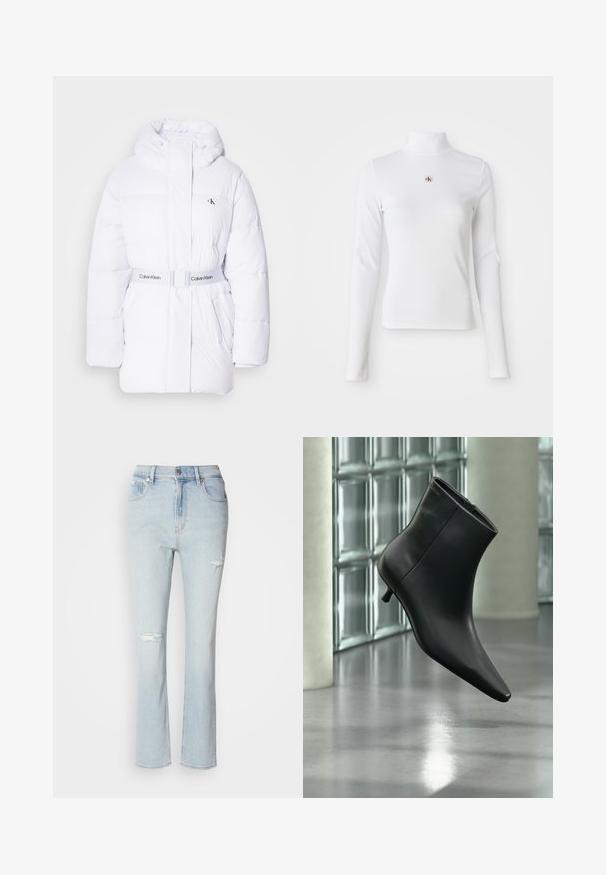 Chaqueta acolchada blanca con capucha, cintura ceñida y logo de Calvin Klein. Presenta textura acolchada y dos bolsillos laterales.; Top de cuello alto de manga larga en color blanco, hecho de material acanalado. Presenta un pequeño logo bordado en el centro. Diseño ajustado y sin patrones.; Vaqueros de cintura alta en un azul claro, con un diseño de pierna recta. Los detalles desgastados incluyen dos grandes rasgaduras en la parte delantera y un dobladillo deshilachado.; Botín negro de cuero con punta puntiaguda y tacón bajo estilo kitten, mostrado en ángulo sobre un suelo pulido y con una pared de bloques de vidrio de fondo.