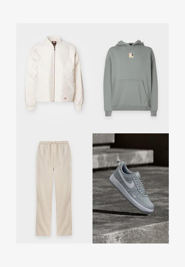 Vooderdatud pommijaak off-white värviga, millel on täispikk tõmblukk, seisva kraega, kaks esist pihku ja soonikkoes mansetid. Omab õmmeldud paneeli disaini.; Hall halliga kapuutsiga dressipluus, millel on ees tasku ja väike roosa, valge ja musta värviga logoplaat rinnal. Klassikaline disain.; Beežid Nike dressipüksid elastse vöökoha, nööriga, sirgete säärte ja väikesega valge Swooshi logoga vasakul reiel.; Hall hall Nike Air Force 1 tennisejalanõu valge Swoosh logoga, hõljuv tekstureeritud betoonpinna ja treppide kohal taustal.