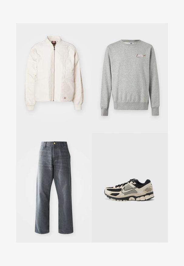 Gevoerde bomberjack in off-white met een volledige rits, staande kraag, twee voorzakken en geribbelde manchetten. Heeft een gestikt paneelontwerp.; Lichtgrijze crewneck trui met lange mouwen en een klein rood-wit Nike-logo op de linkerborst.; Losse heren jeans met wijde pijpen in grijze denim, voorzien van voorzakken en een enkele zichtbare gouden knop op de tailleband.; Nike hardloopschoen in crème en zwart. Heeft een bovenwerk van mesh, textuuraccenten, dikke rubberen buitenzool en opvallend middenzoolontwerp.