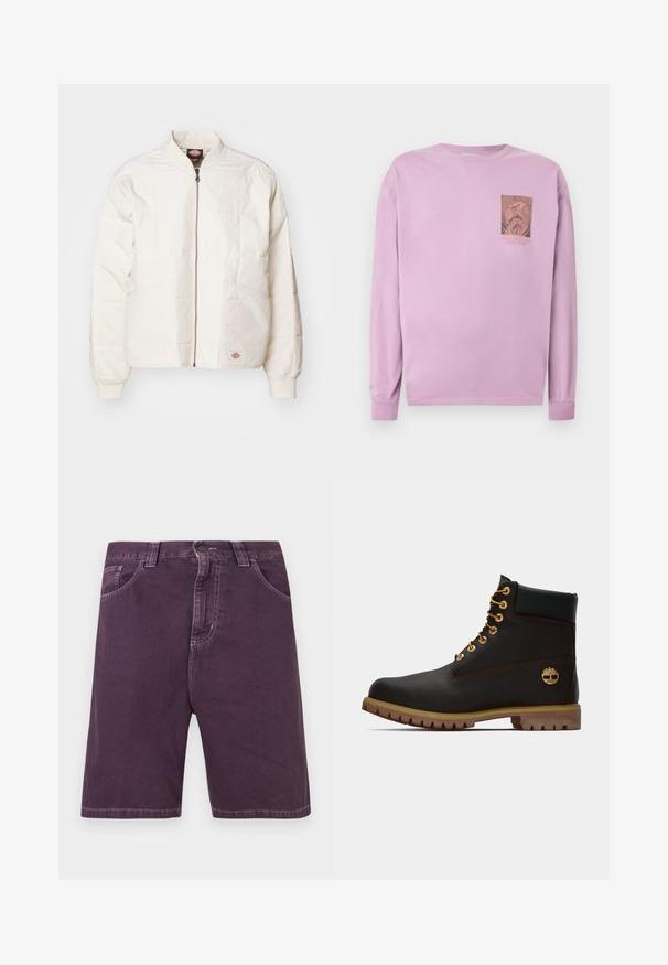Veste bomber rembourrée en blanc cassé avec une fermeture éclair intégrale, un col montant, deux poches avant et des poignets côtelés. Dotée d'un design à panneaux cousus.; Chemise à manches longues lavande avec un petit graphisme et du texte sur le côté gauche de la poitrine, présentant un motif circulaire complexe.; Shorts en denim violet avec bouton et fermeture éclair à l'avant, passants pour ceinture et deux poches avant.; Bottine noire en cuir avec œillets dorés, accents marron et semelle en caoutchouc. Comprend un col rembourré et un logo estampé sur le côté.