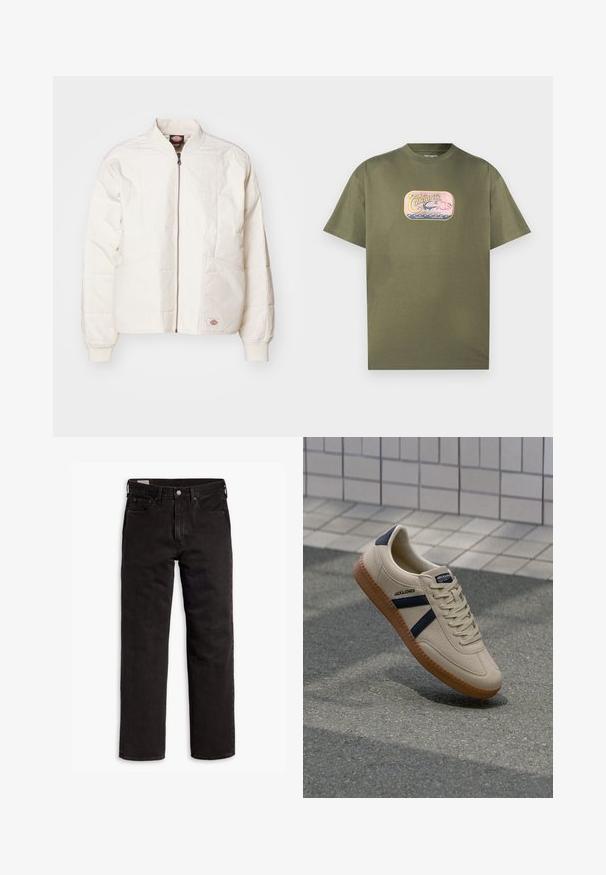 Polstret bomberjakke i off-white med fuld lynlås, ståkrave, to forlommer og ribbede manchetter. Den har syet paneldesign.; Olivengrøn bomuld T-shirt med rund hals, der har et farverigt grafisk print af en kano og bølger på forsiden. Kortærmet, afslappet pasform.; Sorte lige bukser i denim med fem lommer, knaplukning og bæltestropper, lagt fladt ud på en hvid baggrund.; Beige sneaker med struktureret overflade, marineblå striber og gummisål. Har en polstret tunge og traditionelt snørresystem for en sikker pasform.