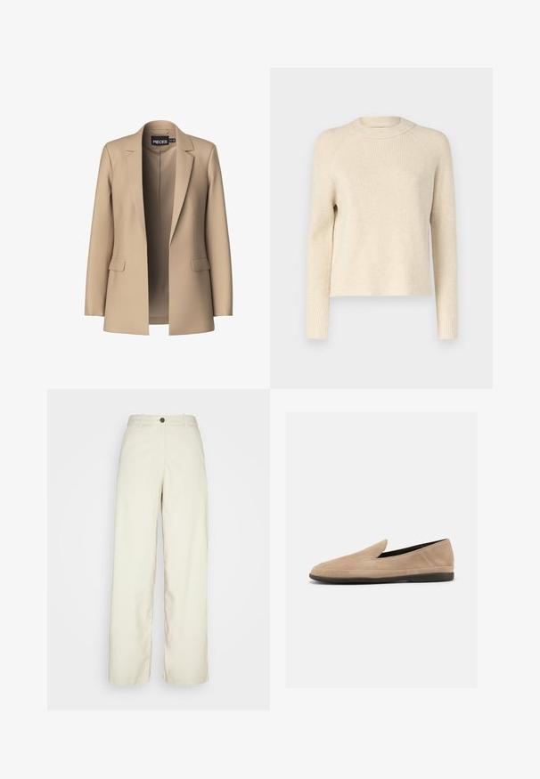 Beige blazer met notch-lapels en twee voorzakken; gemaakt van gladde stof, het heeft een open voorkant en een getailleerde pasvorm.; Geribbelde gebreide trui in roomkleur met een ronde hals, lange mouwen en een rechte pasvorm. Zachte textuur met subtiele tonale variaties door het geheel.; Weekday ELIO - Broek - beige dusty light; Beige suède instapper loafer met zwarte zool, lage hak en afgeronde neus, zijaanzicht op witte achtergrond.