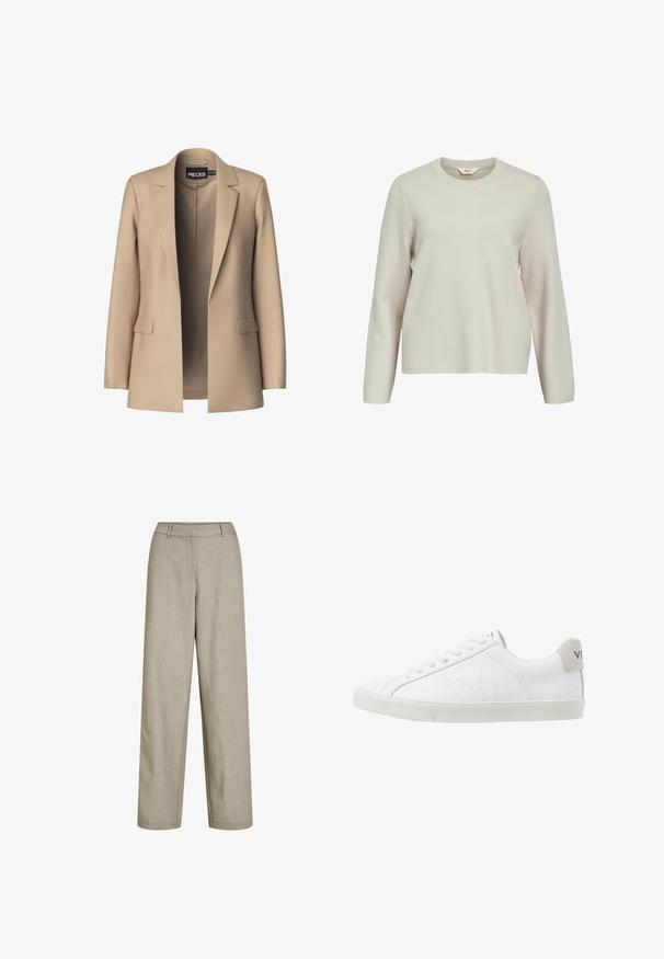 Blazer beige avec revers crantés et deux poches avant ; fabriqué en tissu doux, il a une ouverture à l'avant et une coupe ajustée.; Pull beige clair à manches longues avec un col rond. Fabriqué en maille texturée, présentant des épaules légèrement tombantes et une coupe décontractée.; Pantalon beige taille haute à jambes larges avec passants de ceinture et fermeture frontale dissimulée, réalisé en tissu léger.; Baskets en cuir blanc avec une semelle en caoutchouc texturée et blanc cassé. Les caractéristiques incluent des lacets, des coutures discrètes et un accent en daim gris au niveau du talon.