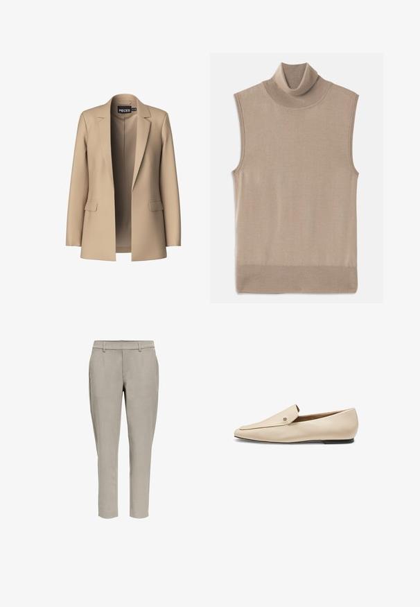 Beige blazer met notch-lapels en twee voorzakken; gemaakt van gladde stof, het heeft een open voorkant en een getailleerde pasvorm.; Beige mouwloze gebreide coltrui met geribbelde kraag, armsgaten en onderrand, plat gelegd op een witte achtergrond.; Lichtgrijze slim-fit broek met riemlussen, zijzakken en een rechte pijp, afgebeeld tegen een witte achtergrond.; Beige leren loafer met puntige neus, platte zwarte zool en een klein metalen logodetail near de bovenste rand.