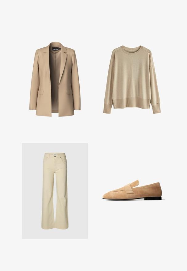 Blazer beige con solapas de pico y dos bolsillos frontales; confeccionado en tejido suave, tiene un cierre abierto y un corte entallado.; Suéter beige de punto con un corte relajado, puños y dobladillo acanalados, escote redondo y hombros caídos. Textura suave con costuras mínimas.; Pantalones beige de tiro alto y pierna ancha con botón frontal, cierre de cremallera, trabillas para cinturón y dos bolsillos delanteros sobre un fondo liso.; Mocasín de ante marrón claro con un tacón bajo negro y una amplia tira decorativa en la parte superior, mostrado de perfil sobre un fondo blanco.