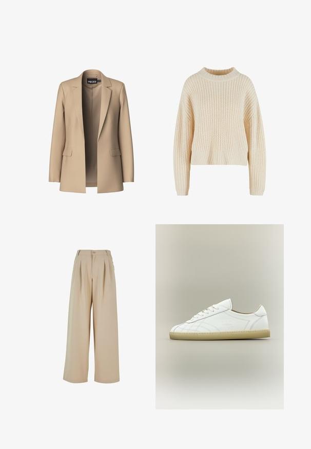 Blazer beige avec revers crantés et deux poches avant ; fabriqué en tissu doux, il a une ouverture à l'avant et une coupe ajustée.; Pull en tricot crème avec un col haut en côtes, des manches larges et un motif texturé sur l'ensemble. Design court avec un ourlet en côtes.; Pantalons beige à jambes larges avec un devant plissé, fermeture à bouton et une texture lisse. Présente une taille ajustée et des poches latérales.; Baskets basses en cuir blanc avec semelle beige, lacets et motifs cousus subtils sur fond neutre.