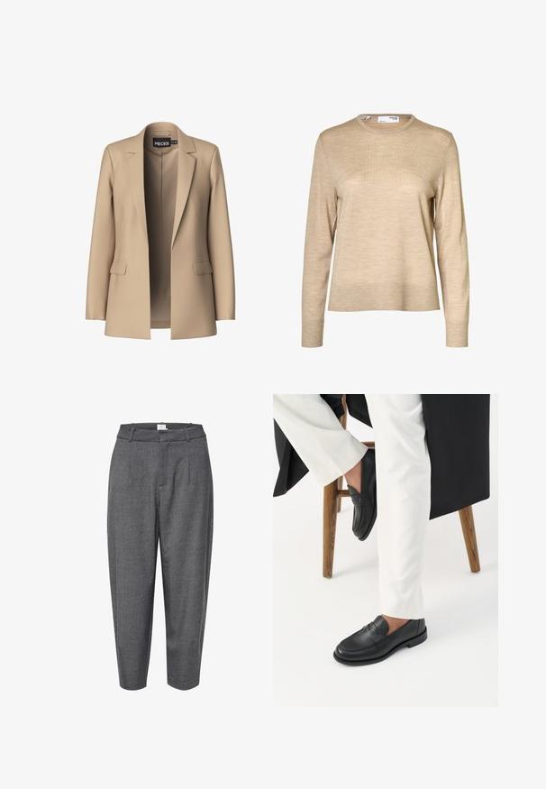 Beige blazer met notch-lapels en twee voorzakken; gemaakt van gladde stof, het heeft een open voorkant en een getailleerde pasvorm.; Beige wollen trui met lange mouwen, een ronde hals en geribde boorden en zoom, afgebeeld tegen een witte achtergrond.; Grijze, taps toelopende broek gemaakt van textuurstof; heeft plooien en een gladde tailleband met een verborgen sluiting.; Persoon die zwarte leren loafers en witte broek draagt, zittend op een houten kruk tegen een witte achtergrond.