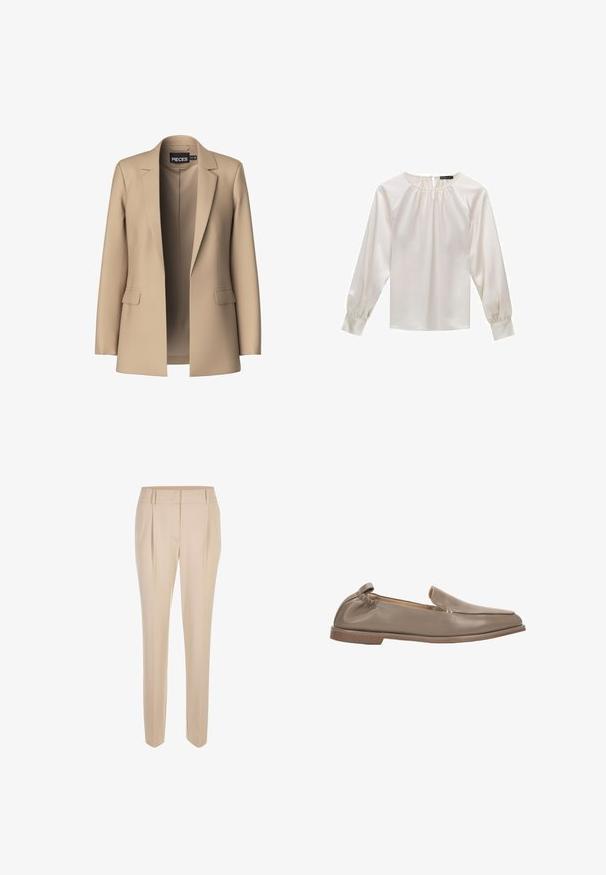Beige blazer met notch-lapels en twee voorzakken; gemaakt van gladde stof, het heeft een open voorkant en een getailleerde pasvorm.; Witte satijnen bloes met lange mouwen, ronde halslijn en geplooide details. Heeft iets gepofte mouwen en een gladde textuur.; Beige op maat gemaakte slim-fit broeken met een voorplooi, riemlussen en een schone tailleband, tentoongesteld tegen een witte achtergrond.; Zachte beige leren instapschoen met platte zool, lage hak, elastische achterkant en bovenste stiksels in mocassijnstijl.