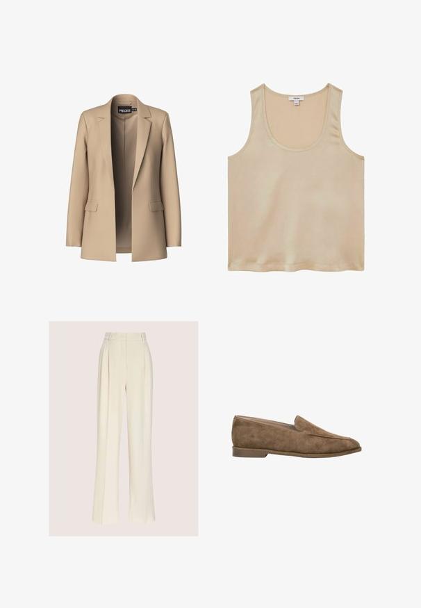 Beige Blazer mit Reverskragen und zwei Vordertaschen; aus glattem Stoff gefertigt, hat er eine offene Vorderseite und eine figurschmeichelnde Passform.; Reiss REGULAR FIT - Bluse - neutral; Beige Hosen mit weitem Bein aus leichtem Stoff, mit hoher Taille, vorderen Falten und einem klaren, maßgeschneiderten Design ohne sichtbare Verschlüsse.; Brauner Wildleder-Slipper mit niedrigem Absatz und abgerundeter Spitze, Seitenansicht vor weißem Hintergrund.