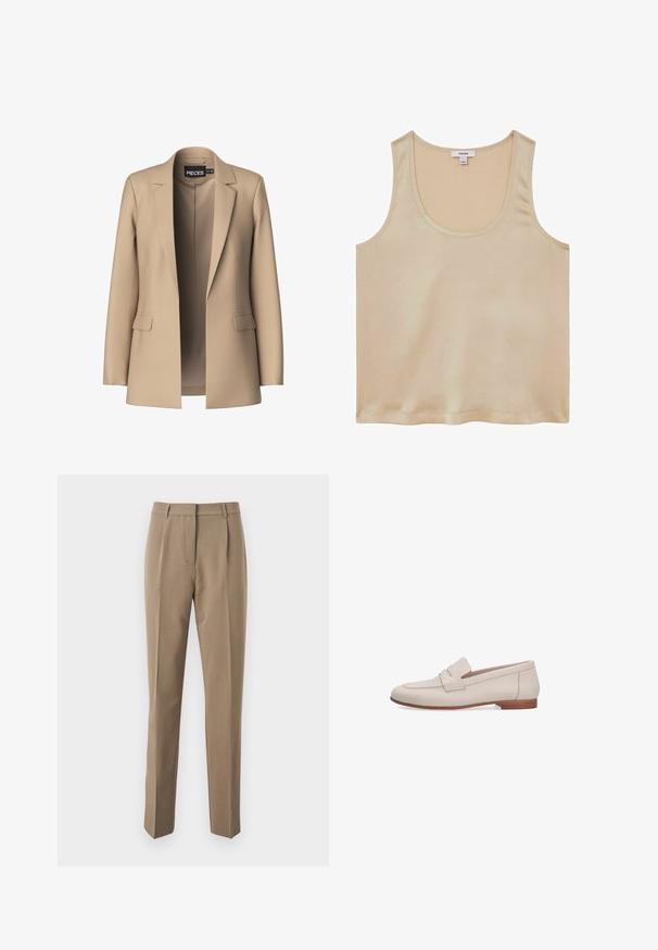 Beige blazer met notch-lapels en twee voorzakken; gemaakt van gladde stof, het heeft een open voorkant en een getailleerde pasvorm.; Reiss REGULAR FIT - Blouse - neutral; Bruine op maat gemaakte broek van gladde stof, met een rechte pijp, plooien aan de voorkant en een tailleband met riemlussen.; Beige leren instap-loafer met een lage houten hak en een decoratieve band over de bovenkant, zijaanzicht op een witte achtergrond.