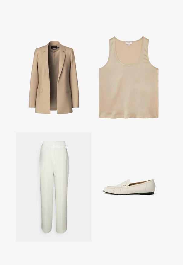 Blazer beige con solapas de pico y dos bolsillos frontales; confeccionado en tejido suave, tiene un cierre abierto y un corte entallado.; Reiss REGULAR FIT - Blusa - neutral; Halston KARTER WEDDING PANT - Pantalones - chalk; Mocasín blanco de cuero con suela plana negra, detalle fruncido en la punta y pequeño logo dorado en el lateral de la parte superior.