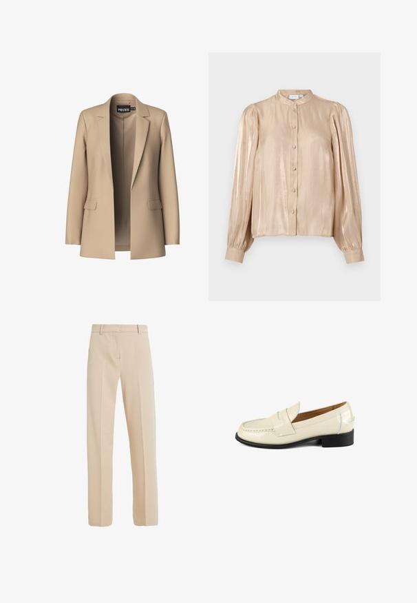 Blazer beige con solapas de pico y dos bolsillos frontales; confeccionado en tejido suave, tiene un cierre abierto y un corte entallado.; VILA VISEANEEN - Blusa - feather gray; Pantalones beige ajustados, elaborados en una tela suave, con corte recto, bolsillos laterales y pliegues en la parte delantera.; Mocasin de charol beige con puntera redonda y acentos decorativos de costura. Presenta un tacón bajo negro y diseño sin cordones.