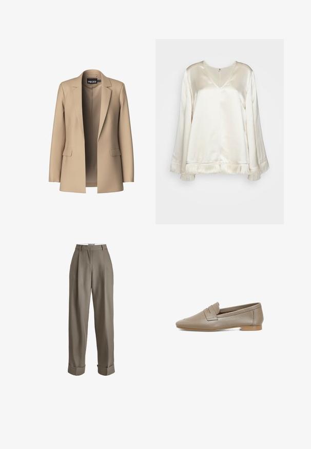 Beige blazer met notch-lapels en twee voorzakken; gemaakt van gladde stof, het heeft een open voorkant en een getailleerde pasvorm.; By Malene Birger EXCLUSIVE AVELAS - Blouse - pearl; Taupe high-waisted broek met een wijd model, voorzien van plooien, omgeslagen zomen en een gladde stoftextuur. Geen zichtbare sluitingen.; Beige leren instappers met een gestructureerd oppervlak, voorzien van een platte hak en een ronde neus. Inclusief een decoratieve plooi op de bovenkant.