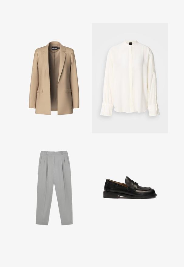 Blazer beige avec revers crantés et deux poches avant ; fabriqué en tissu doux, il a une ouverture à l'avant et une coupe ajustée.; Blouse à manches longues crème en tissu lisse ; col mao, patte de boutonnage à l'avant, poignets boutonnés et coupe décontractée.; Pantalon formel gris clair avec plis sur le devant, poches latérales, passants de ceinture et coupe effilée.; Mocassin en cuir noir avec un embout arrondi, une sangle décorative sur le dessus et un petit talon empilé. Texture lisse et détails de couture minimalistes.
