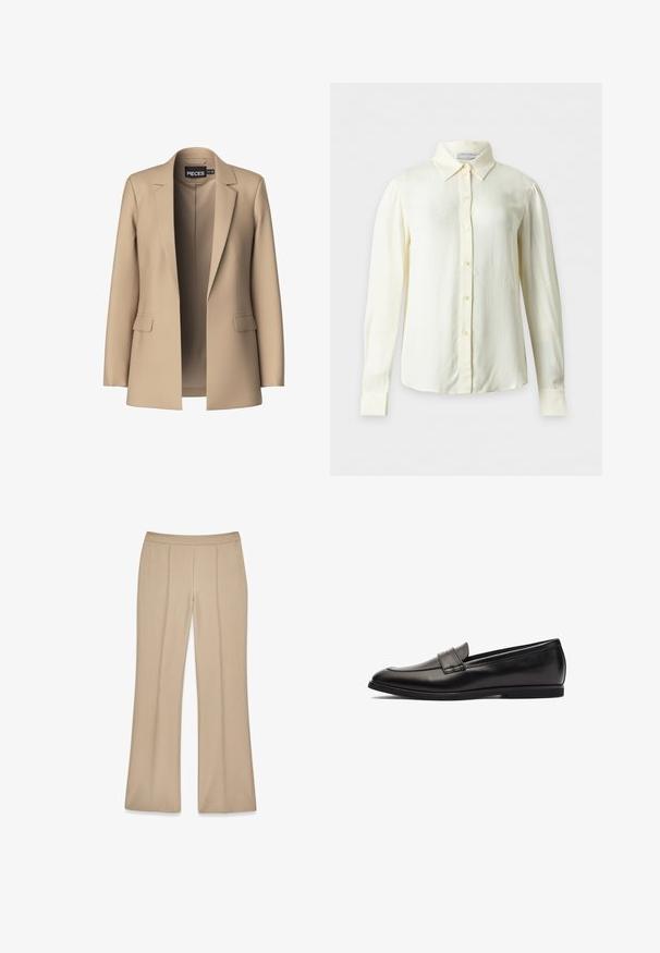 Beige blazer met notch-lapels en twee voorzakken; gemaakt van gladde stof, het heeft een open voorkant en een getailleerde pasvorm.; Crèmekleurige blouse met lange mouwen, puntkraag en knopen aan de voorkant, weergegeven op een effen achtergrond zonder patronen of extra voorwerpen.; Beige op maat gemaakte broek met een uitlopende pijpdesign, gemaakt van een gladde stof met kreukdetails aan de voorkant, elastische tailleband voor comfort.; Zwarte leren instapper met een gladde afwerking, ronde neus en dubbele stiksels op de bovenkant. Platte rubberen zool voor comfort.