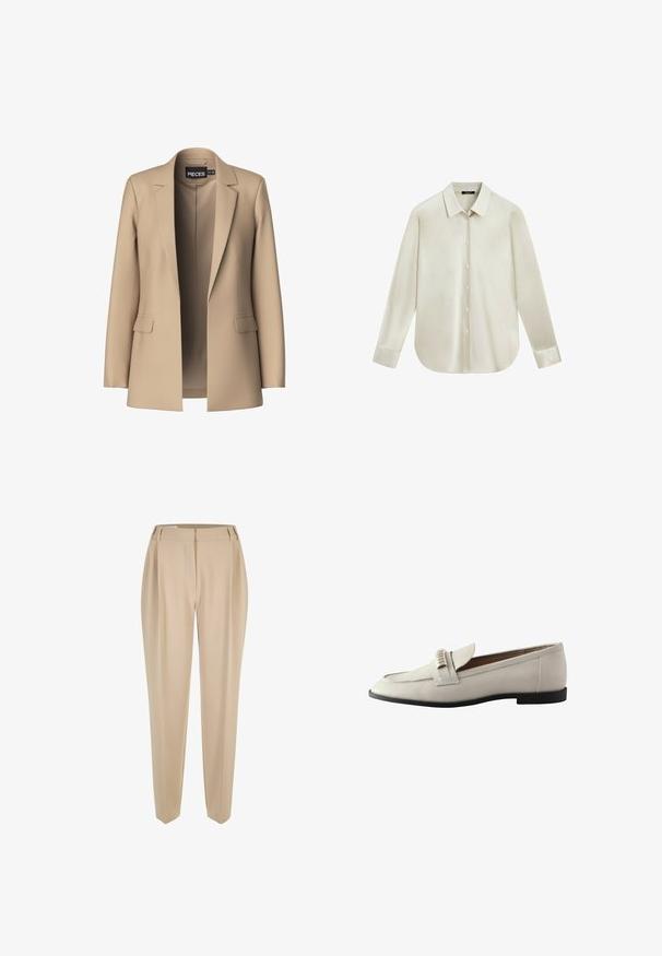 Beige Blazer mit Reverskragen und zwei Vordertaschen; aus glattem Stoff gefertigt, hat er eine offene Vorderseite und eine figurschmeichelnde Passform.; Langärmliges cremefarbenes Hemd mit Knopfleiste, spitzem Kragen und abgerundetem Saum, auf weißem Hintergrund dargestellt.; Beige maßgeschneiderte Hose mit Gürtelschlaufen, geraden Beinen und verdecktem Frontverschluss, auf einem weißen Hintergrund präsentiert.; Helle graue Lederloafer mit runder Zehenform, dekorativem Vorderband und niedrigem schwarzen Gummiabsatz. Glatte Textur mit minimalen Verzierungen.