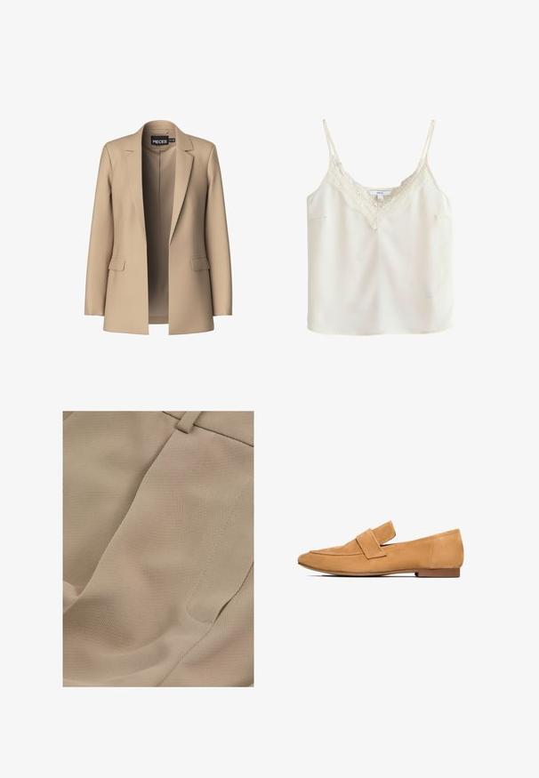 Blazer beige con solapas de pico y dos bolsillos frontales; confeccionado en tejido suave, tiene un cierre abierto y un corte entallado.; Camisola sin mangas color crema con tirantes finos y ribete de encaje a lo largo del escote en V, mostrada sobre un fondo liso.; Reiss PETITE FIT - EDEN ELASTICATED WAIST WIDE - Pantalones - mink neutral; Mocasines de ante color arena con tacón plano, punta redondeada y una tira cosida en el empeine para un acabado refinado.