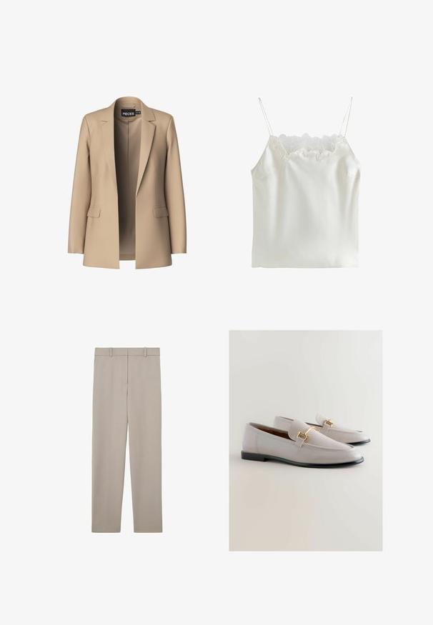 Blazer beige con solapas de pico y dos bolsillos frontales; confeccionado en tejido suave, tiene un cierre abierto y un corte entallado.; Camisola blanca de satén con encaje en el escote, tirantes finos ajustables y textura suave. Diseño sencillo, sin estampados.; Pantalones beige de corte recto con trabillas para cinturón y un diseño limpio y minimalista, mostrados extendidos sobre un fondo blanco.; Mocasines de cuero gris claro con punta afilada, que cuentan con un detalle metálico dorado y un bajo tacón negro. Textura suave, diseño minimalista.