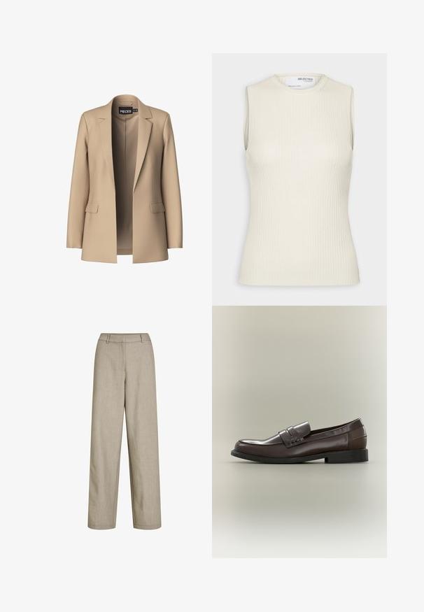 Blazer beige con solapas de pico y dos bolsillos frontales; confeccionado en tejido suave, tiene un cierre abierto y un corte entallado.; Selected Knitted Sleeveless - Top - birch; Pantalones beige de tiro alto y pierna ancha con trabillas para cinturón y cierre delantero oculto, hechos de tela ligera.; Mocasín de cuero marrón con acabado liso, con una tira decorativa y detalle tejido. El zapato tiene un tacón bajo de goma negra.