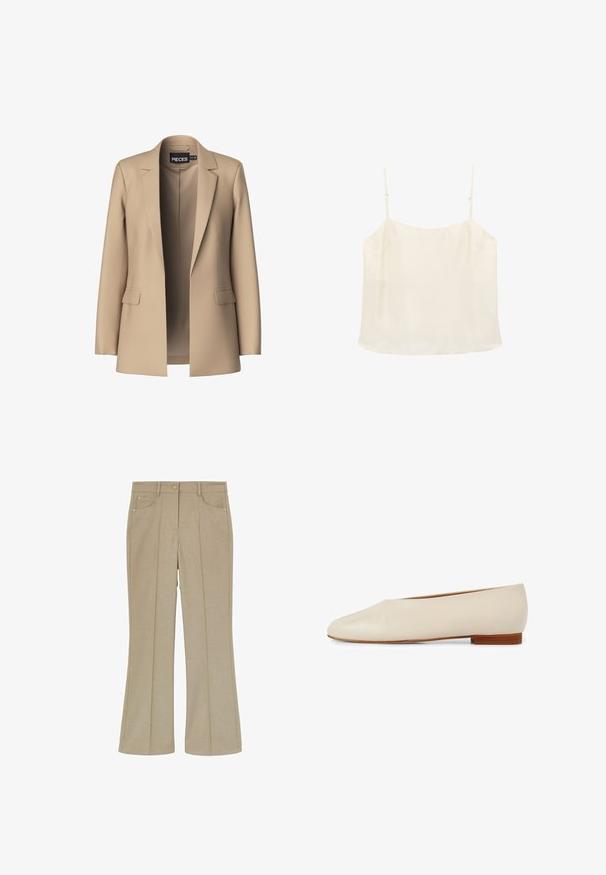 Blazer beige con solapas de pico y dos bolsillos frontales; confeccionado en tejido suave, tiene un cierre abierto y un corte entallado.; Top de camisola sin mangas de color crema con tirantes finos ajustables y escote recto sobre un fondo blanco.; Pantalones de campana beige de talle alto con pliegues delanteros, trabillas para cinturón, bolsillos laterales y cierre frontal con botón.; Zapato plano de cuero beige con diseño de punta afilada, forma minimalista y un tacón de madera corto para estabilidad y comodidad.
