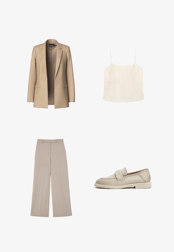 Beige Blazer mit Reverskragen und zwei Vordertaschen; aus glattem Stoff gefertigt, hat er eine offene Vorderseite und eine figurschmeichelnde Passform.; Cremefarbenes ärmelloses Camisole-Top mit dünnen verstellbaren Trägern und geradem Ausschnitt auf weißem Hintergrund.; Beige, weit geschnittene, maßgeschneiderte Hose mit verdecktem Frontverschluss und Seitentaschen, entworfen für einen formellen oder Business-Casual-Look.; Beige Lederloafers mit glatter Textur, ausgestattet mit einem erhöhten Riemen über dem Obermaterial und einer niedrigen, flachen Gummisohle.
