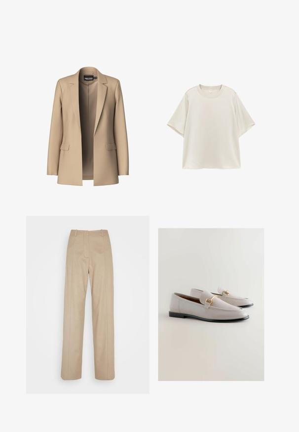 Blazer beige avec revers crantés et deux poches avant ; fabriqué en tissu doux, il a une ouverture à l'avant et une coupe ajustée.; T-shirt uni beige clair à manches courtes avec col rond, coupe ample, présenté à plat sur fond blanc.; Calvin Klein TAILORED STRAIGHT PANT - Pantalon classique - cinder; Mocassins en cuir gris clair au design épuré, dotés d'accents en métal doré et d'une semelle noire. Texture lisse et forme de bout pointu.