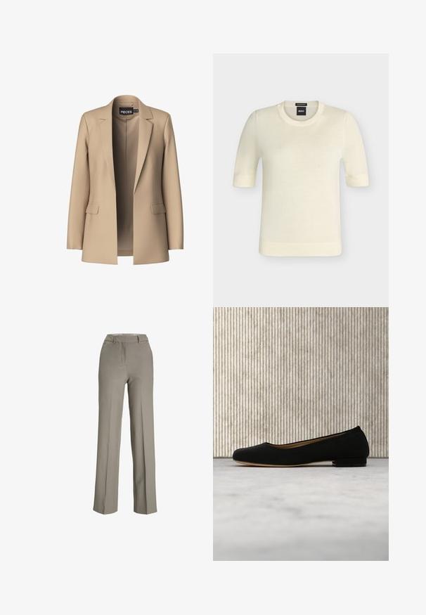 Blazer beige con solapas de pico y dos bolsillos frontales; confeccionado en tejido suave, tiene un cierre abierto y un corte entallado.; Jersey de manga corta color crema con cuello redondo, puños y bajos acanalados, etiquetado "BOSS" Supreme Merino en la etiqueta del cuello.; Pantalones de pierna ancha en gris claro, confeccionados en una tela suave con una cinturilla ajustada, pliegues frontales y bolsillos laterales.; Zapato plano de ballet negro levitando sobre una alfombra beige con una mesa redonda marrón de fondo.