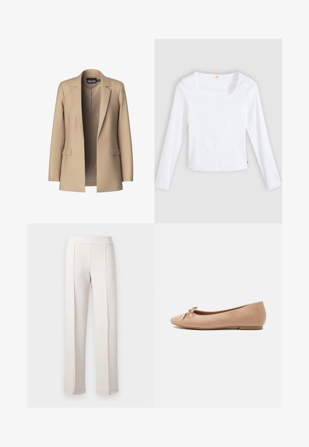 Blazer beige con solapas de pico y dos bolsillos frontales; confeccionado en tejido suave, tiene un cierre abierto y un corte entallado.; Camiseta blanca de manga larga hecha de tela acanalada, con escote cuadrado y diseño ajustado, con una pequeña etiqueta de logo en el costado.; Pantalones de pierna ancha color beige claro, confeccionados en una tela suave, con una cintura alta, dos pliegues frontales y un acabado limpio y a medida.; Bailarina de piel beige con puntera redondeada, suela baja y plana, y lazo decorativo con puntas metálicas en la parte superior.
