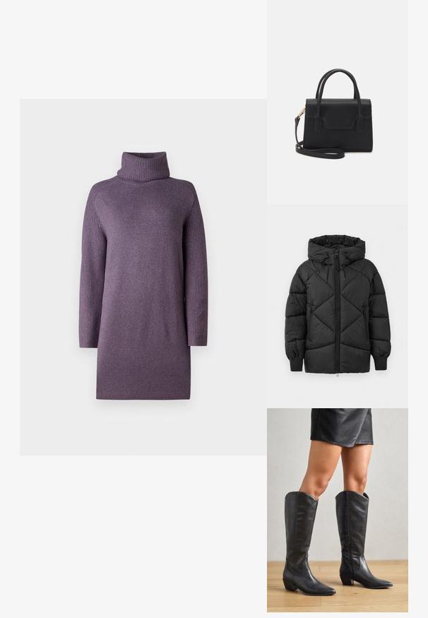 Chaqueta negra acolchada con capucha, con cierre de cremallera, patrón de rombos acolchado y puños de canalé. Textura suave y lisa.; Suéter morado de cuello alto con mangas largas acanaladas y textura suave. Corte recto, detalles mínimos y grosor medio.; Botas negras hasta la rodilla, hechas de cuero suave, con punta afilada, tacón bajo cuadrado y cremallera lateral para facilitar el uso.; Bolso estructurado negro de cuero con un asa superior, correa de hombro desmontable y un detalle de tapa en la parte frontal. Acentos en dorado.