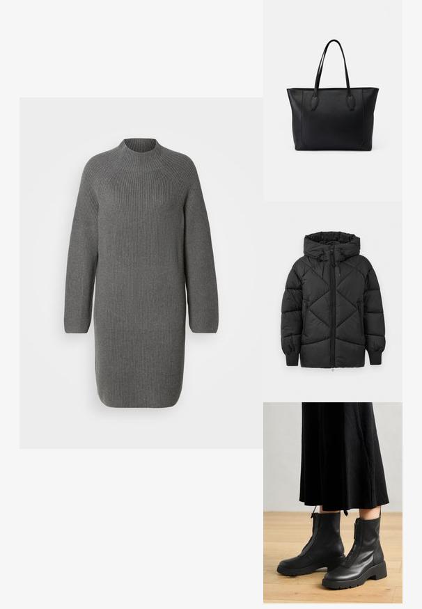 Mustaline polsterdatud jakk kapuutsiga, millel on tõmblukk, teemantkudetud muster ja soonikkudumine. Pehme, siledan tekstuur.; Hallide kudum dress kõrge kaelusega ja pikkade varrukatega, millel on soonikstruktuur ja lõtv, sirge lõige. Ilma nähtavate mustrite või aktsentideta.; Mustad nahast pahkluu saapad paksu platvormitaldadega ja esise closinguga. Sile tekstuur ja minimalistlik disain.; Mustmust kott mustast nahast, millel on kaks vastupidavat sangaga, sile tekstuur, ristkülikukujuline kuju ja peened õmblused servade ümber.