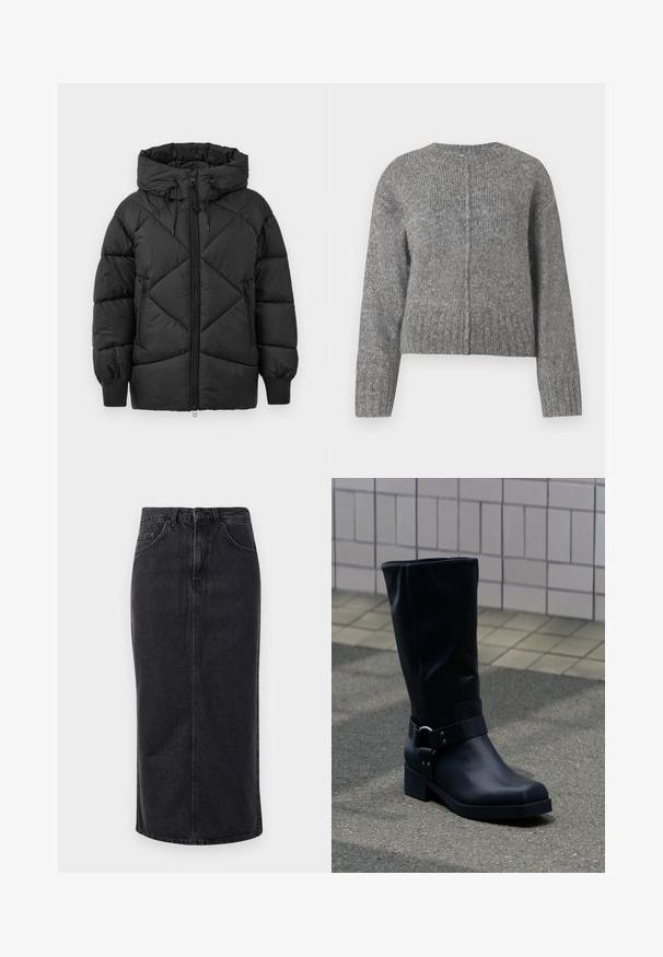 Chaqueta negra acolchada con capucha, con cierre de cremallera, patrón de rombos acolchado y puños de canalé. Textura suave y lisa.; Suéter gris de punto con mangas largas y cuello redondo. Presenta un diseño corto y canalé vertical en toda la prenda. Sin hardware visible.; Falda midi de mezclilla negra con corte recto, diseño de cinco bolsillos y cierre de botón. Presenta un dobladillo desgatado y una textura sutilmente desvaída.; Bota negra de cuero hasta la mitad de la pantorrilla con un tacón bajo de bloque y una correa decorativa con hebilla metálica alrededor del tobillo, sobre un pavimento de baldosas.