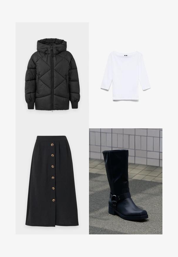 Chaqueta negra acolchada con capucha, con cierre de cremallera, patrón de rombos acolchado y puños de canalé. Textura suave y lisa.; Camisa blanca de manga tres cuartos hecha de una mezcla de algodón; presenta un amplio escote barco y una textura suave y ligera.; Falda midi negra con una textura suave, que presenta seis botones de bronce en la parte delantera y una cintura acentuada por una banda ancha.; Bota negra de cuero hasta la mitad de la pantorrilla con un tacón bajo de bloque y una correa decorativa con hebilla metálica alrededor del tobillo, sobre un pavimento de baldosas.