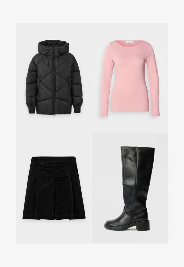 Chaqueta negra acolchada con capucha, con cierre de cremallera, patrón de rombos acolchado y puños de canalé. Textura suave y lisa.; Camiseta de manga larga y cuello redondo en rosa claro, hecha de una tela ligera y texturizada. Acabado suave con un corte casual y sin adornos visibles.; Falda de pana negra con un diseño plisado, que presenta un corte recto, superficie texturada y una cintura para un ajuste seguro.; Botas negras hasta la rodilla, hechas de cuero suave, con punta redonda y tacón grueso, con un diseño sencillo y sin herrajes visibles.