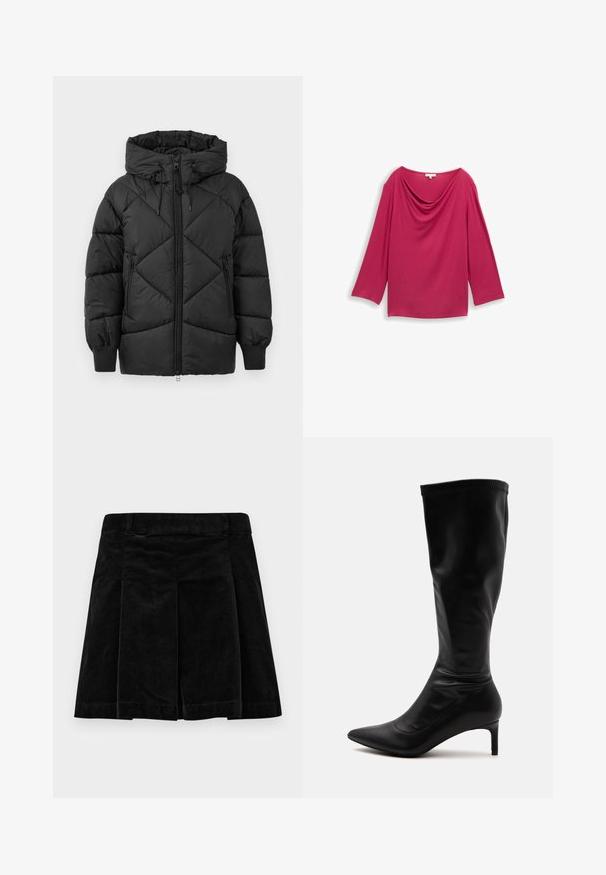 Sort polstret jakke med hætte, featuring en lynlåslukning, diamant quiltet mønster og ribbede manchetter. Blød, glat tekstur.; Fuchsia langærmet top med draperet cowl-udskæring, glat tekstur og lige kant. Lavet af letvægts, strækbart stof.; Sort fløjlskørt med plisseret design, der har en lige snit, tekstureret overflade og en talje for en sikker pasform.; Sort knælang læderstøvle med spids tå og slank mellemhøj hæl på en ensartet lys baggrund.