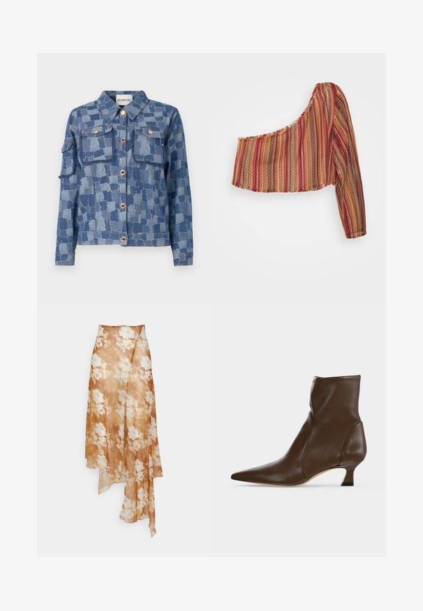 Sinine patchwork mustriga teksajakk, hõbedased nupud ja kaks eesmist taskut. Materjalil on tekstureeritud viimistlus ja kulunud servad.; TOMMAZO ISIDOR ONE SHOULDER CROP - Džemper - multicolour; Ioannes SHAWL SKIRT - A-lõikeline seelik - sprayed lace ochre; Pruun nahast pahkluuking terava varbaotsaga ja madala kaarega kontsaga heledal taustal.